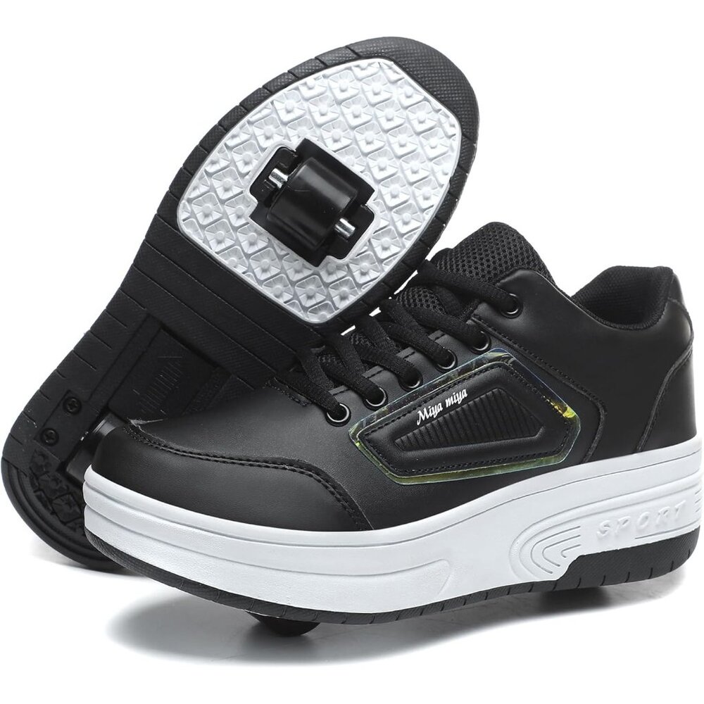 Kids Black Recharge Able Wheels Sneakers Fashion Roller Wheeled Skate Shoes - Picture 7 of 8